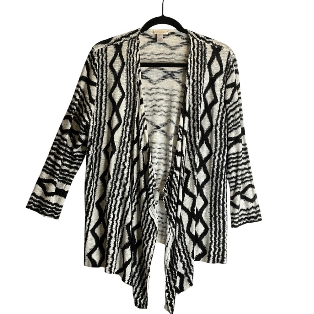 Chico's Black White Open Cardigan Boho Casual Lightweight Aztec Western 2/L/12